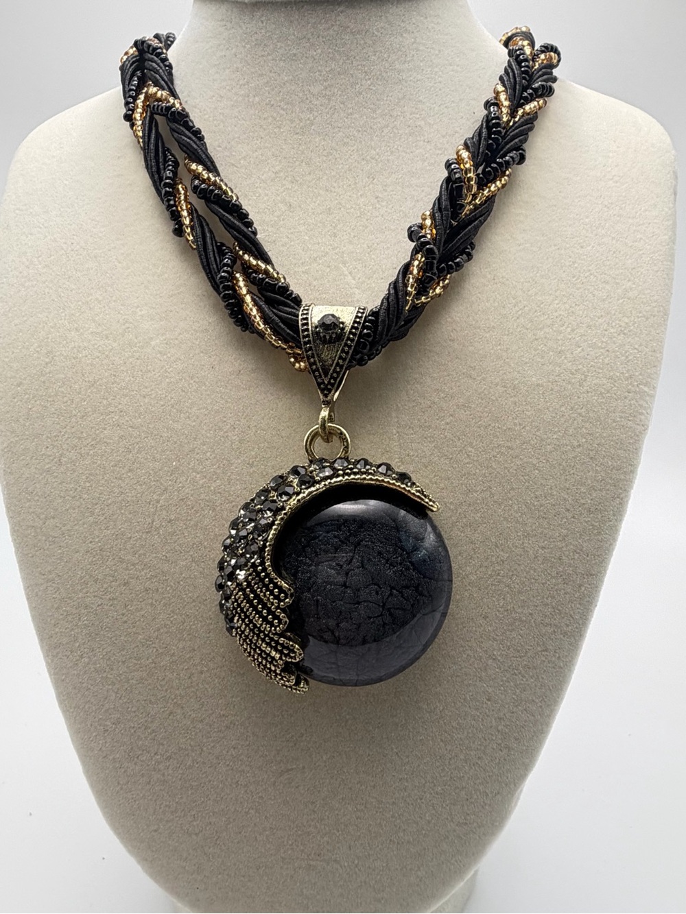 Black and Gold Braided Statement Necklace with Orb Pendant